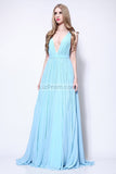 Sky Blue A-line Deep V-neck Pleated Prom Dress