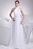 White Halter Beaded Backless Prom Dress