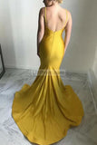 Yellow Mermaid V-Neck Open Back Spaghetti Straps Long Prom Dress Dresses