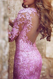 Lilac Mermaid Applique Prom Dress With Long Sleeves.