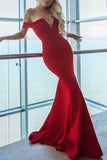 Simple Red Off Shoulder V-Neck Mermaid Open Back Prom Dress Dresses