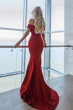 Simple Red Off Shoulder V-Neck Mermaid Open Back Prom Dress Dresses