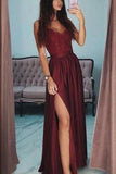 Burgundy A-Line V-Neck Lace Spaghetti Straps Long Prom Dress Dresses