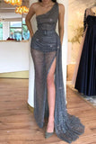 Sexy Gray One Shoulder Belt Slit Long Prom Gown Evening Dress Dresses