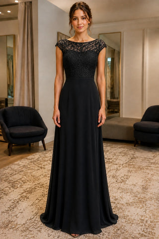 Black Lace Cap-Sleeve A-line PromBridesmaid Dress - front