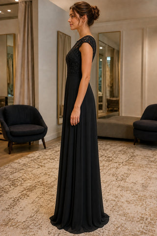 Black Lace Cap-Sleeve A-line PromBridesmaid Dress - side