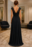 Black Lace Cap-Sleeve A-line PromBridesmaid Dress - back