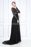 Black Lace Thigh-High Slit Prom Formal Dress With Long Sleeves Dresses