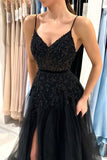 Black V-neck High Slit Tulle Formal Gown Prom Dress
