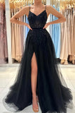 Black V-neck High Slit Tulle Formal Gown Prom Dress