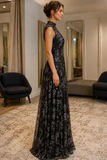 Black Embroidered Cap Sleeves Prom Dress