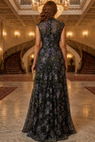 Black Embroidered Cap Sleeves Prom Dress - detail view