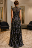 Black Embroidered Cap Sleeves Prom Dress