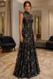 Black Embroidered Cap Sleeves Prom Dress