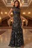 Black Embroidered Cap Sleeves Prom Dress - front view