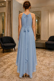 Blue High-Low Chiffon Sleeveless Prom Bridesmaid Dress - back