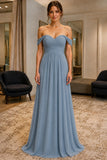 Smoke Blue Off-Shoulder Sweetheart Chiffon Prom Bridesmaid Dress - front