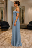 Smoke Blue Off-Shoulder Sweetheart Chiffon Prom Bridesmaid Dress - side