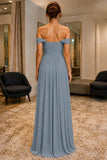 Smoke Blue Off-Shoulder Sweetheart Chiffon Prom Bridesmaid Dress - back