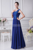 Blue One Shoulder A-line Beaded Prom Dress