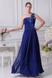 Blue One Shoulder A-line Beaded Prom Dress