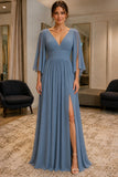 Blue Split-Sleeve High Slit Chiffon Prom Bridesmaid Dress - front