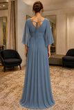 Blue Split-Sleeve High Slit Chiffon Prom Bridesmaid Dress - back
