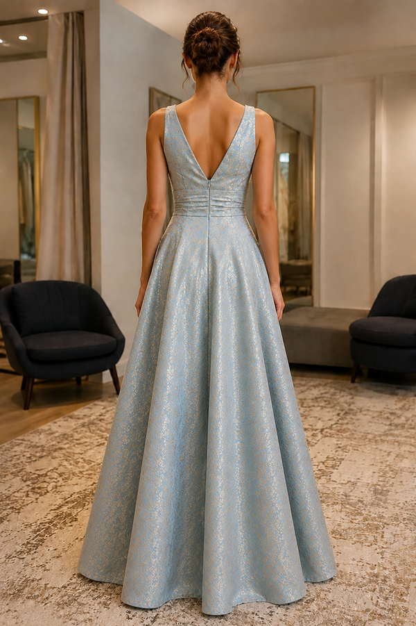 Blue and Gold V-Neck Rosette High-Low A-Line Occasion Dress - view 3