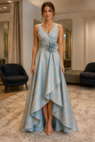 Blue and Gold V-Neck Rosette High-Low A-Line Occasion Dress - view 1