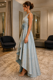 Blue and Gold V-Neck Rosette High-Low A-Line Occasion Dress - view 2