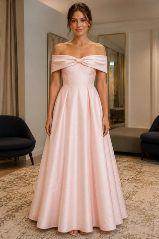 Pearl Pink Bow-Back Off-Shoulder Satin Prom Bridesmaid Dress - front