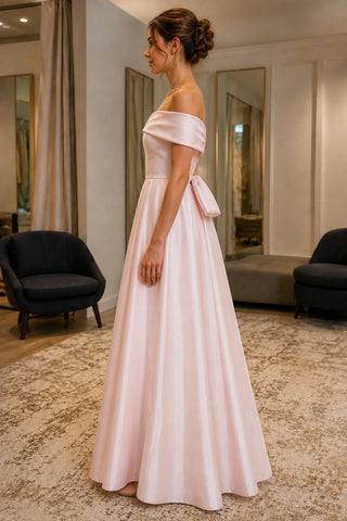 Pearl Pink Bow-Back Off-Shoulder Satin Prom Bridesmaid Dress - side