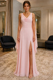 Pearl Pink Cowl-Neck Cape-Back Chiffon Prom Formal Dress - front
