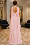 Pearl Pink Cowl-Neck Cape-Back Chiffon Prom Formal Dress - back