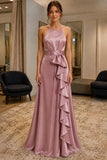 Blushing Pink Criss-Cross Ruffle Satin Prom Bridesmaid Dress - front