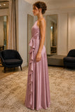 Blushing Pink Criss-Cross Ruffle Satin Prom Bridesmaid Dress - side