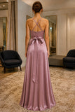 Blushing Pink Criss-Cross Ruffle Satin Prom Bridesmaid Dress - back