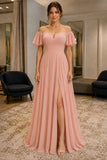 Plus Size Blushing Pink Off-Shoulder Slit Prom Evening Dress - front