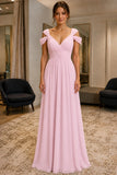 Blushing Pink Off-Shoulder V-Neck Chiffon Prom Bridesmaid Dress - front
