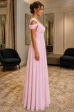 Blushing Pink Off-Shoulder V-Neck Chiffon Prom Bridesmaid Dress - side