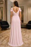 Blushing Pink Off-Shoulder V-Neck Chiffon Prom Bridesmaid Dress - back