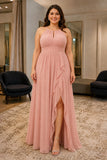 Blushing Pink Plus Size Ruffle Slit Prom Bridesmaid Dress - front