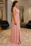 Blushing Pink Plus Size Ruffle Slit Prom Bridesmaid Dress - side