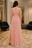 Blushing Pink Plus Size Ruffle Slit Prom Bridesmaid Dress - back