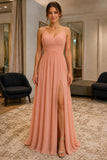 Dusty Rose Spaghetti-Strap High Slit Backless Prom Dress - front