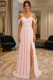 Pearl Pink Sweetheart Cold-Shoulder Slit Prom Bridesmaid Dress - front