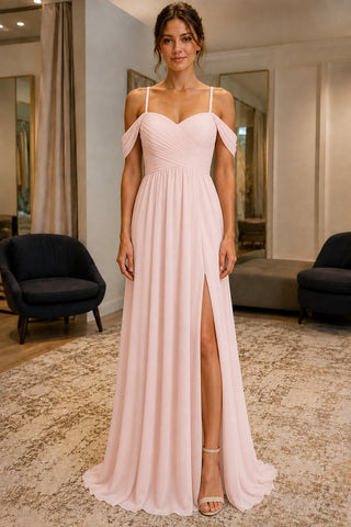 Pearl Pink Sweetheart Cold-Shoulder Slit Prom Bridesmaid Dress - front