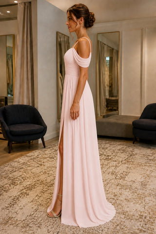 Pearl Pink Sweetheart Cold-Shoulder Slit Prom Bridesmaid Dress - side