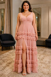 Plus Size Blushing Pink Tiered-Ruffle Chiffon Prom Evening Dress - front
