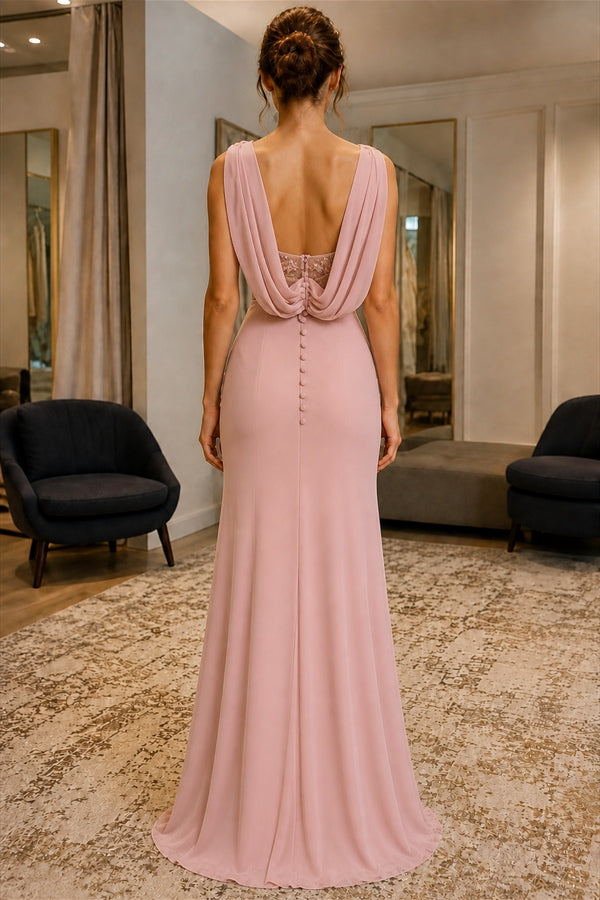 Blushing Pink Bateau Cowl-Back Prom Evening Dress - back